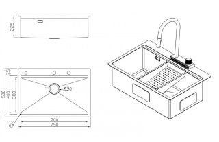 Мойка для кухни Milacio Denia 75 Steel MC.77428 в комплекте со смесителем и коландером брашированное золото
